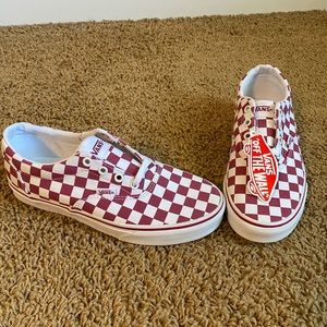 Ladies maroon checkered vans.